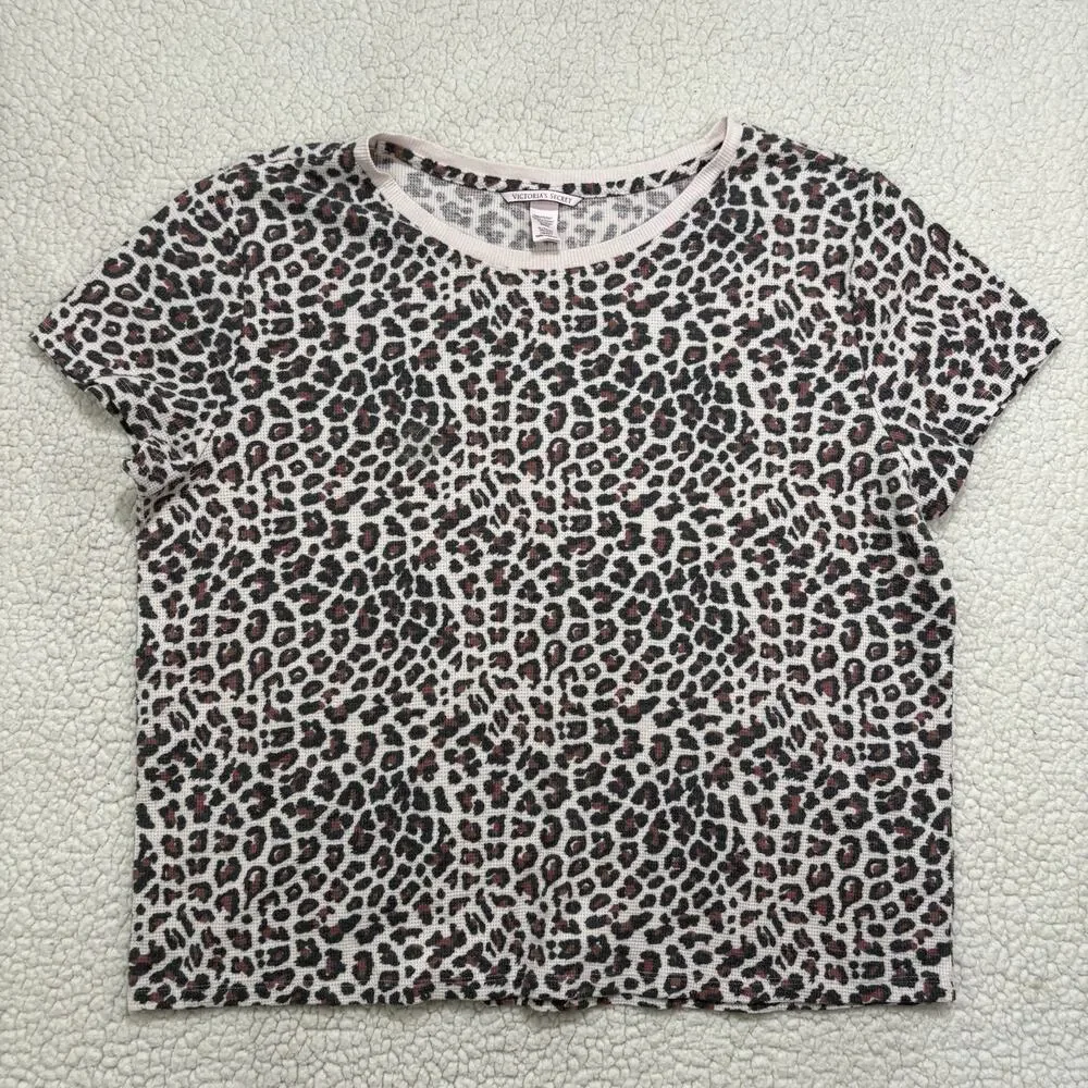 Victoria's Secret Waffle Knit Lounge Set Leopard Tee &‎ Joggers Size XL Cheetah